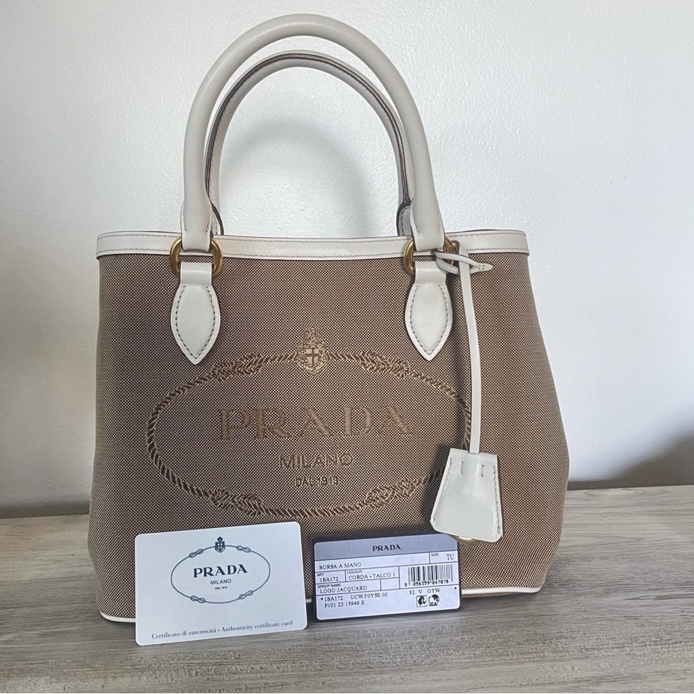 Prada logo jacquard bag in corda + talco